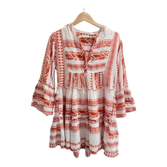 Elan Clara Orange White Embroidered Boho Mini Dress Bell Sleeve Pockets S - Picture 2 of 9